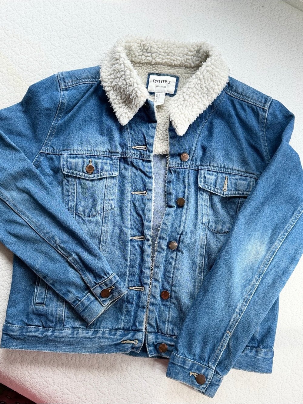 Forever 21 Light Blue Denim Jacket with Cream Sherpa Collar